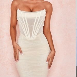 CB London strapless ruched dress.